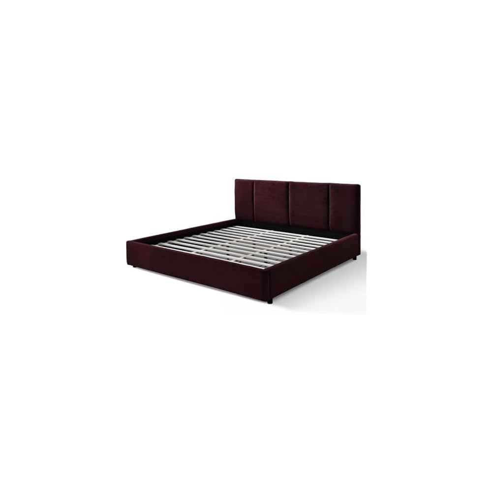 Pemberly Row Channel Tufted Upholstered Platform King Bed, Burgundy Fabric, Vertical Tufted Headboard, Solid Wood Frame, Low-Profile Design, Modern Bedroom Furniture, 39.4" H x 81.9" W x 86.2" D