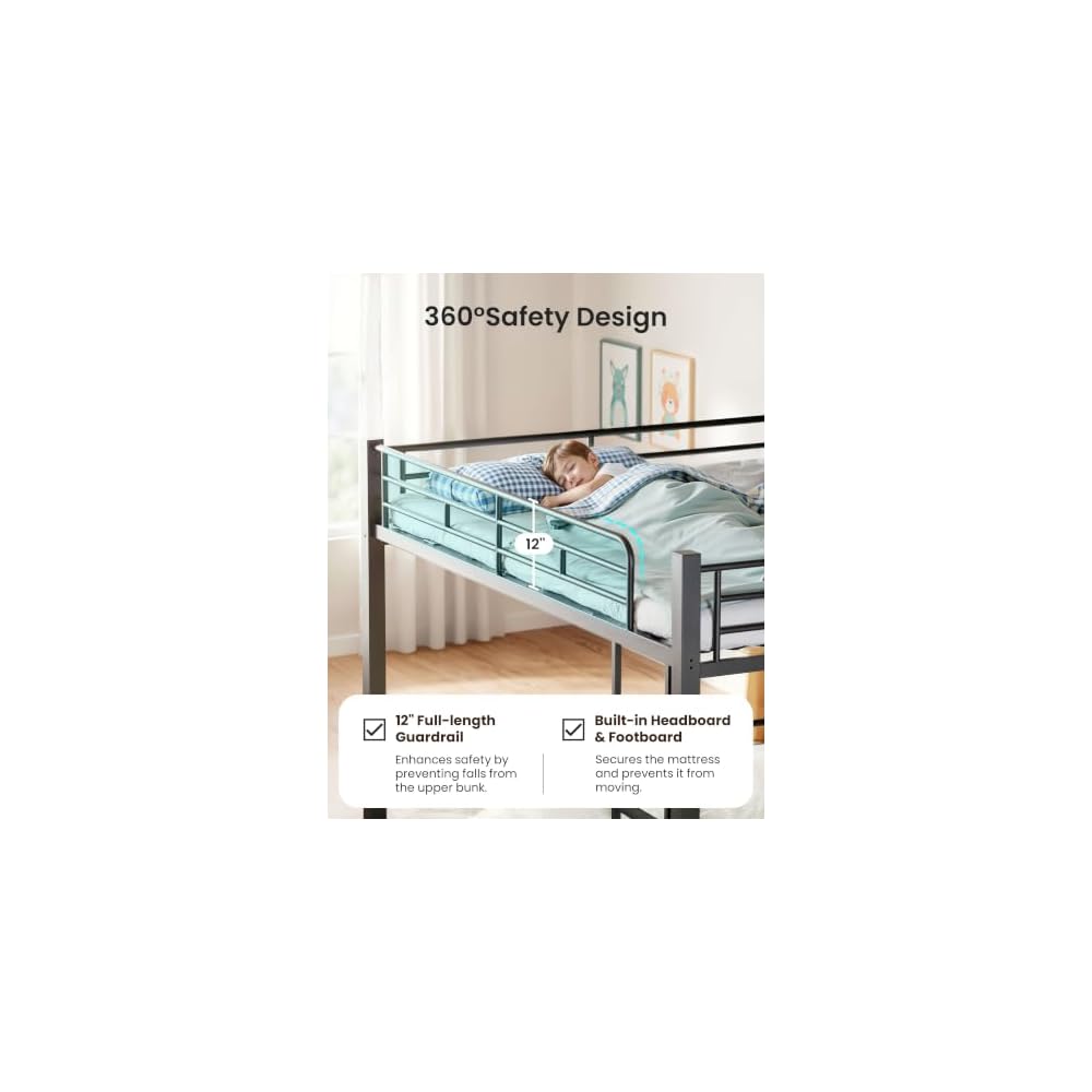 Queen over Queen Bunk Bed, Heavy Duty Bed frame with Ladder & Guardrails