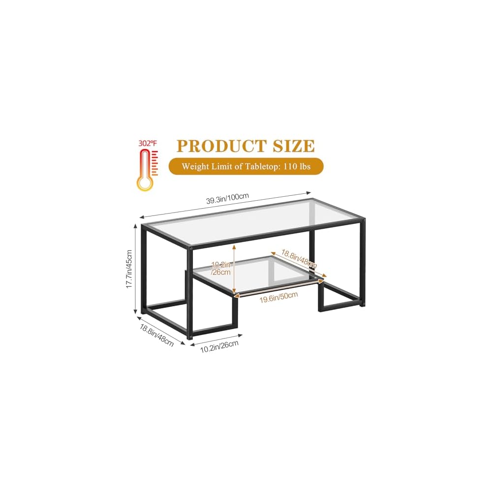 Wolawu Coffee Table Black Glass Coffee Table for Living Room,2 Tiers Rectangle Center Table with Sturdy Metal Frame,Modern Tempered Glass Accent Table for Bedroom Home Office