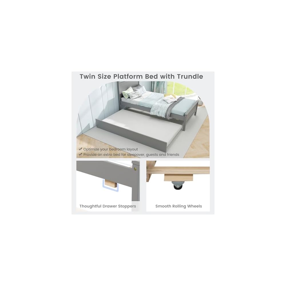 GIANTEX Trundle Bed Twin, Wood Day Bed Frame with Headboard & Footboard, Wooden Slats Support, Pull Out Bed, Twin Bed with Trundle for Kids Teens Adults, Grey