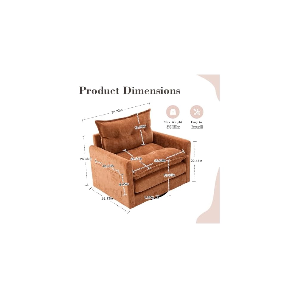 360°Swivel Accent Barrel Chair, Oversized Seat Chenille Upholstered Armchair with Thick Padded and Metal Base,Comfortable Single Sofa Chairs for Living Room Bedroom Office (Brown)