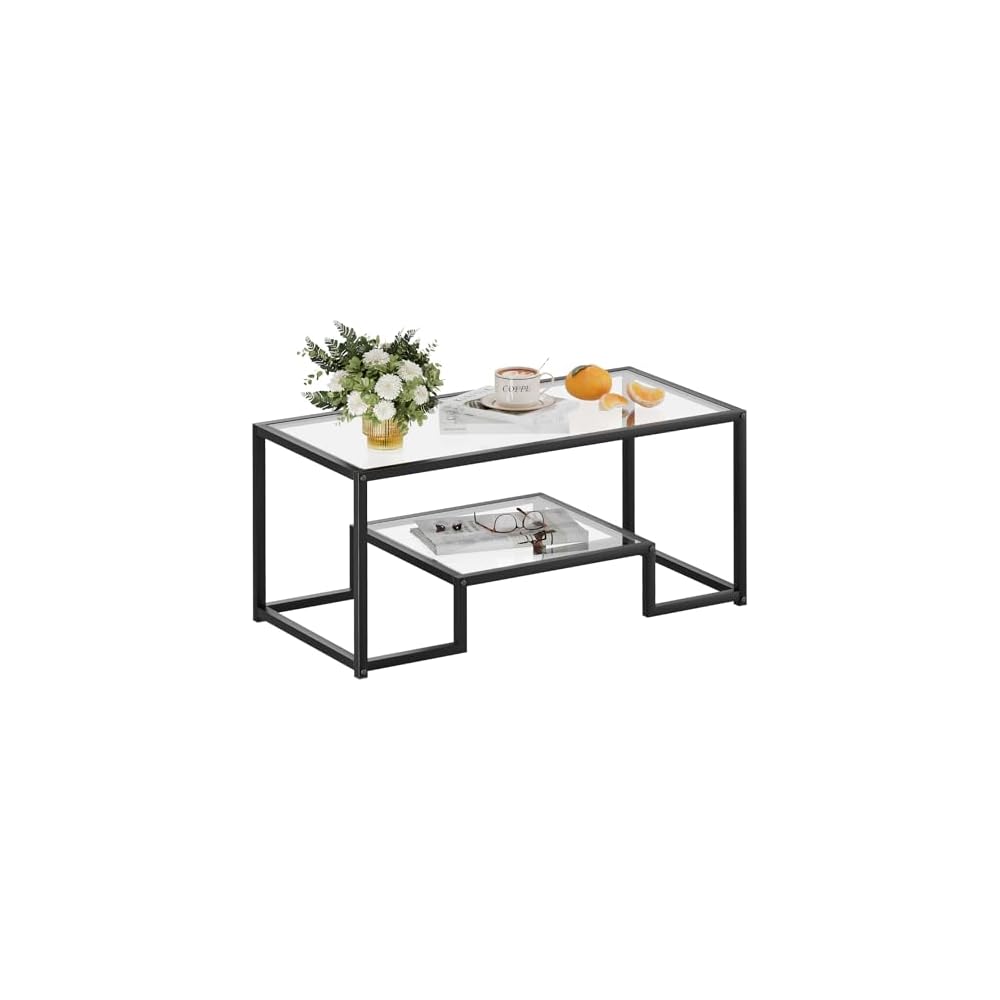 Wolawu Coffee Table Black Glass Coffee Table for Living Room,2 Tiers Rectangle Center Table with Sturdy Metal Frame,Modern Tempered Glass Accent Table for Bedroom Home Office