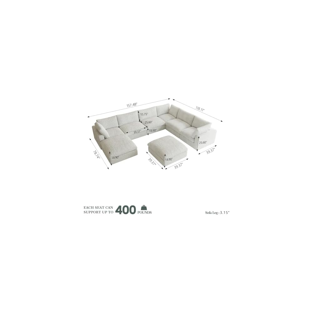 Cloud Modular Sectional Sofa Couch, 8 Seater Oversized Couch, 157.4" U-Shaped Convertible Couches with 2 Ottomans, Deep Sofa Couches for Living Room, Washable & Replaceable Covers, Beige