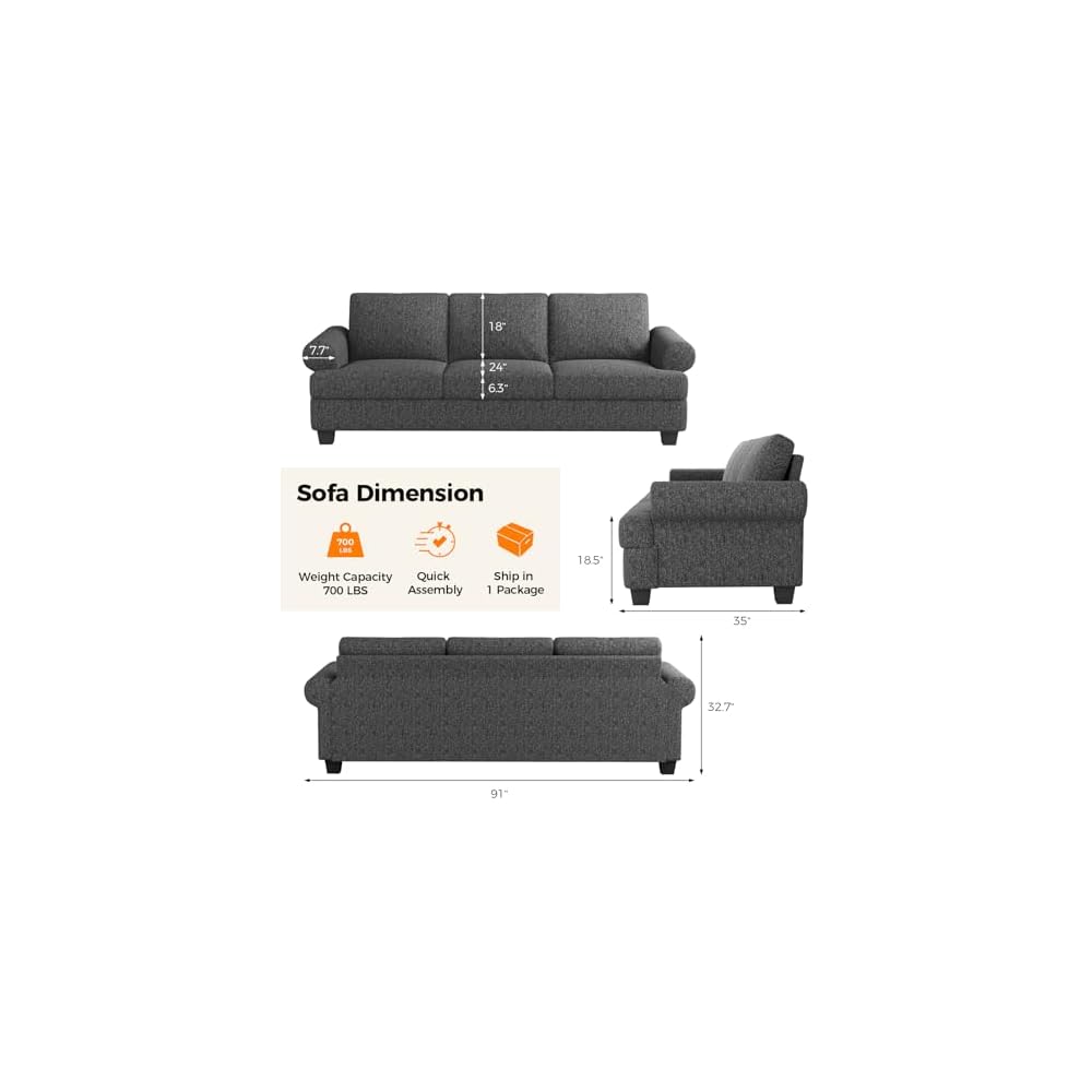 Fadware 91” Sofa Couch, Deep Seat Sofa with Lawson Style Armrests, Modern 3 Seater Sofa with Upholstered Cushion& Backrests, Mid-Century Comfy Couch for Living Room, Apartment, Yellow