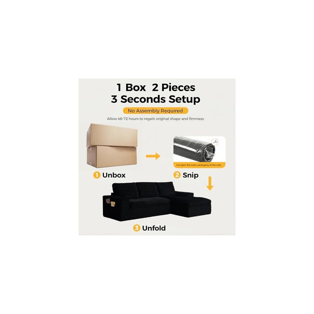 104" Cloud Couch Modular Sectional Sofa for Living Room,L Shaped Boneless Couch with Deep Seat Chaise,No Assembly Required Foam Sleeper Sofa for Apartments,Plush Corduroy Fabric((Black-Right Chaise)