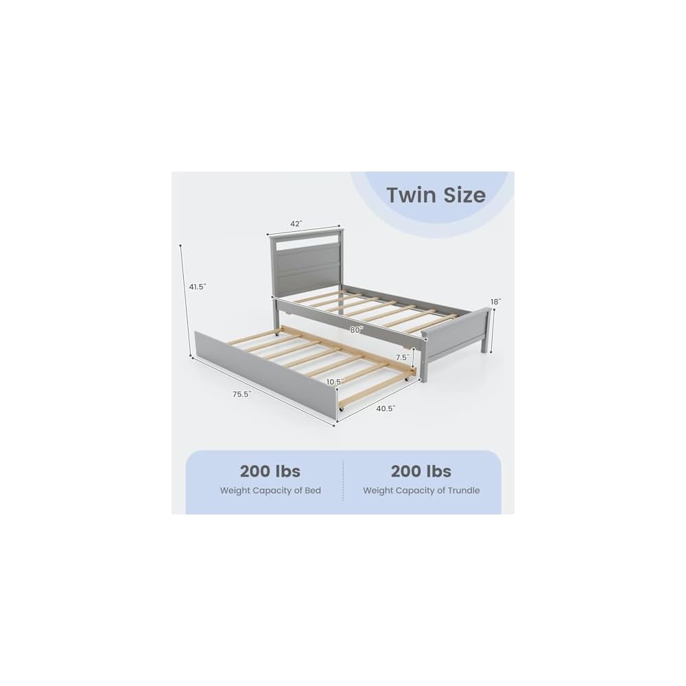 GIANTEX Trundle Bed Twin, Wood Day Bed Frame with Headboard & Footboard, Wooden Slats Support, Pull Out Bed, Twin Bed with Trundle for Kids Teens Adults, Grey