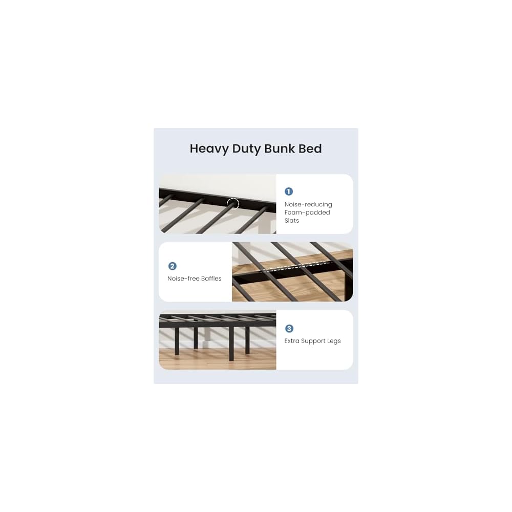 Queen over Queen Bunk Bed, Heavy Duty Bed frame with Ladder & Guardrails