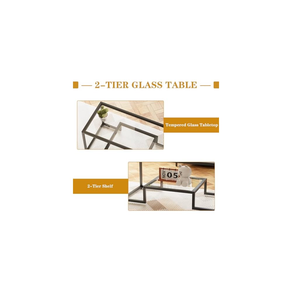 Wolawu Coffee Table Black Glass Coffee Table for Living Room,2 Tiers Rectangle Center Table with Sturdy Metal Frame,Modern Tempered Glass Accent Table for Bedroom Home Office