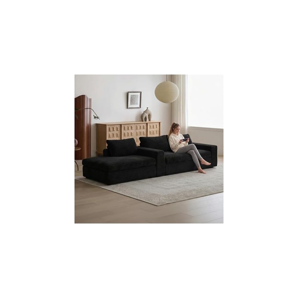104" Cloud Couch Modular Sectional Sofa for Living Room,L Shaped Boneless Couch with Deep Seat Chaise,No Assembly Required Foam Sleeper Sofa for Apartments,Plush Corduroy Fabric((Black-Right Chaise)