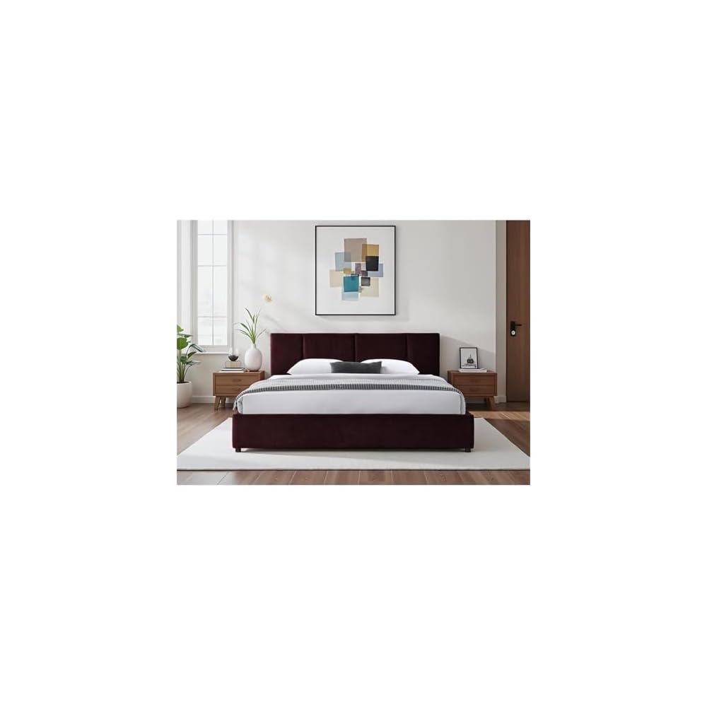 Pemberly Row Channel Tufted Upholstered Platform King Bed, Burgundy Fabric, Vertical Tufted Headboard, Solid Wood Frame, Low-Profile Design, Modern Bedroom Furniture, 39.4" H x 81.9" W x 86.2" D