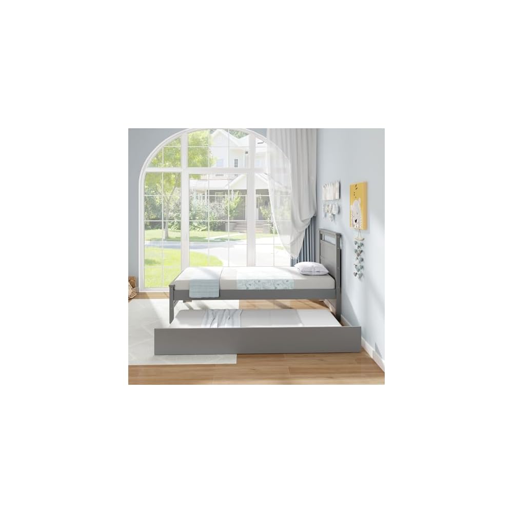 GIANTEX Trundle Bed Twin, Wood Day Bed Frame with Headboard & Footboard, Wooden Slats Support, Pull Out Bed, Twin Bed with Trundle for Kids Teens Adults, Grey
