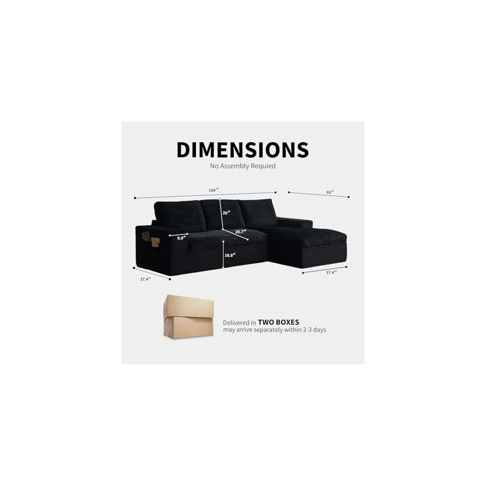 104" Cloud Couch Modular Sectional Sofa for Living Room,L Shaped Boneless Couch with Deep Seat Chaise,No Assembly Required Foam Sleeper Sofa for Apartments,Plush Corduroy Fabric((Black-Right Chaise)