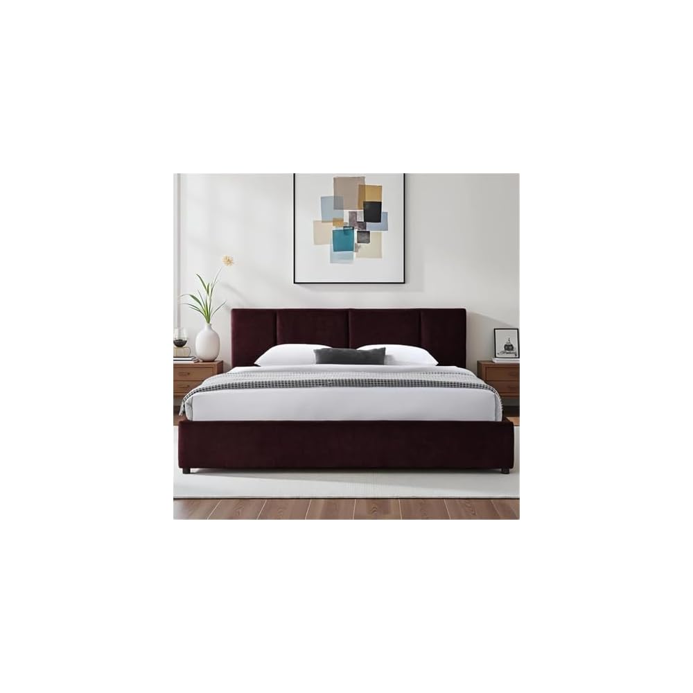 Pemberly Row Channel Tufted Upholstered Platform King Bed, Burgundy Fabric, Vertical Tufted Headboard, Solid Wood Frame, Low-Profile Design, Modern Bedroom Furniture, 39.4" H x 81.9" W x 86.2" D
