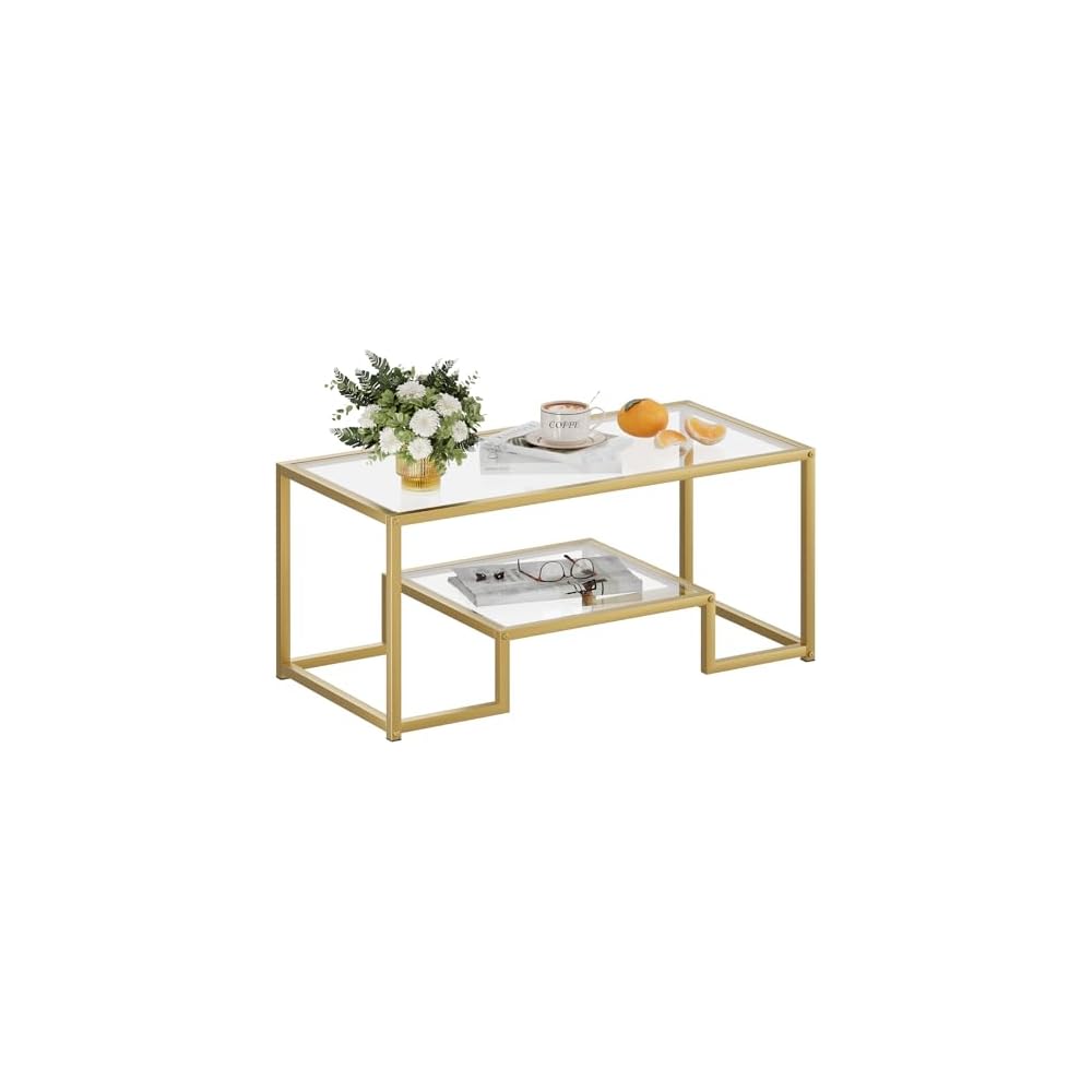 Wolawu Coffee Table Black Glass Coffee Table for Living Room,2 Tiers Rectangle Center Table with Sturdy Metal Frame,Modern Tempered Glass Accent Table for Bedroom Home Office