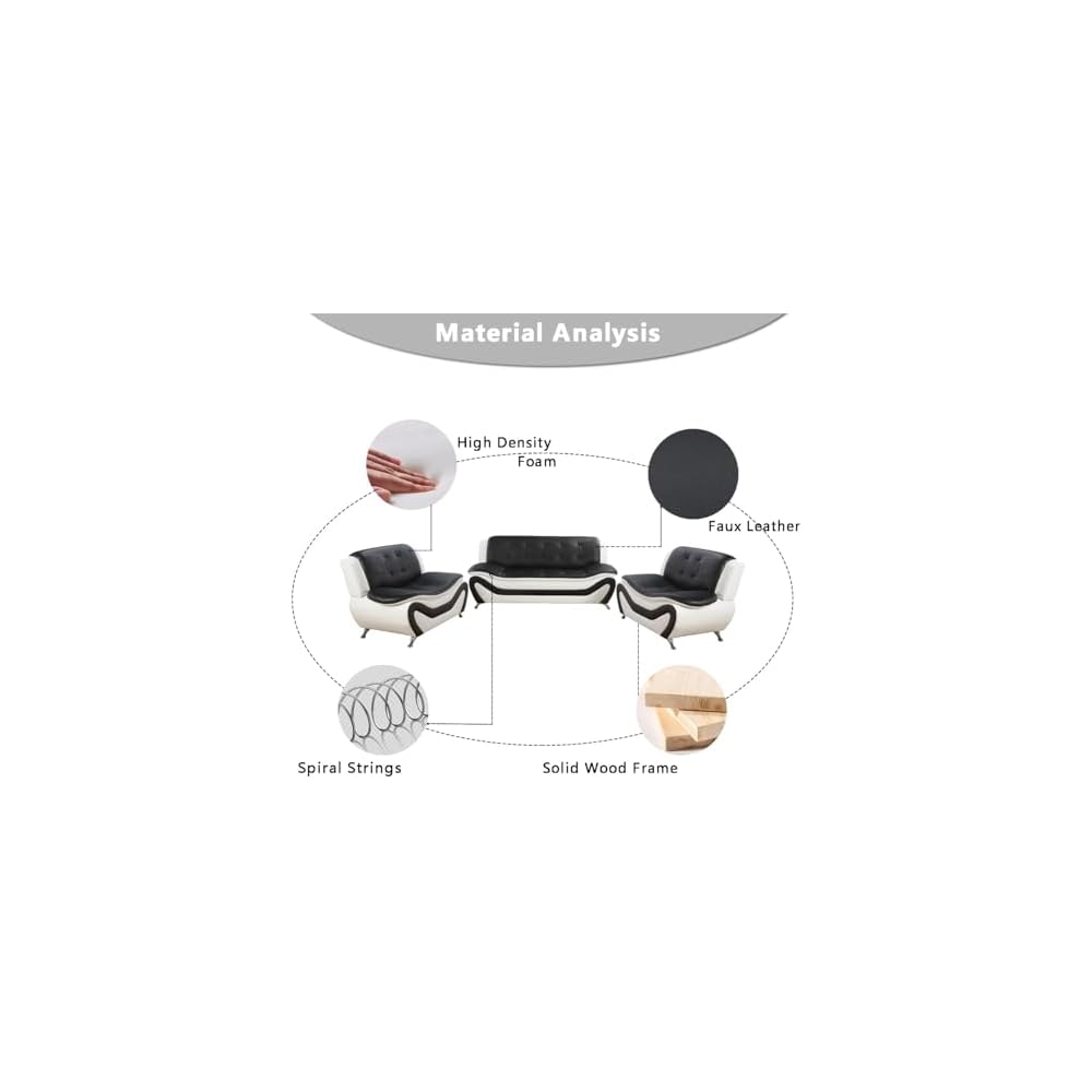 Leather Couches, Living Room Couch Set, Sofa for Bedroom, Apartment, Living Room Furniture Sets a-Leather (Black&White, Sofa+Loveseat+Chair)