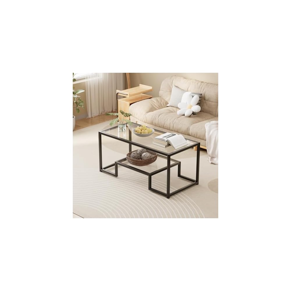 Wolawu Coffee Table Black Glass Coffee Table for Living Room,2 Tiers Rectangle Center Table with Sturdy Metal Frame,Modern Tempered Glass Accent Table for Bedroom Home Office