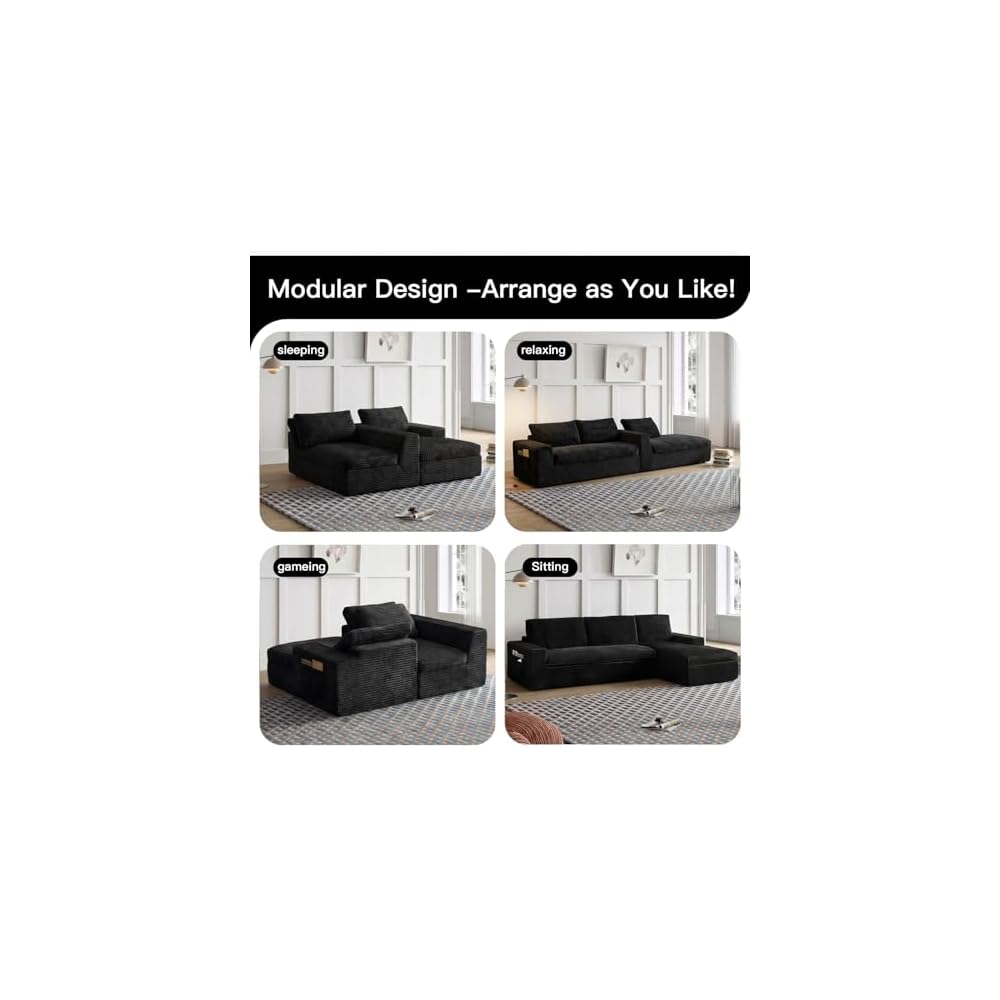 104" Cloud Couch Modular Sectional Sofa for Living Room,L Shaped Boneless Couch with Deep Seat Chaise,No Assembly Required Foam Sleeper Sofa for Apartments,Plush Corduroy Fabric((Black-Right Chaise)