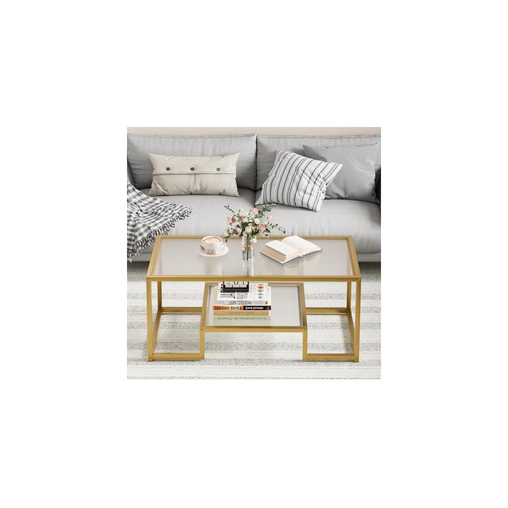 Wolawu Coffee Table Black Glass Coffee Table for Living Room,2 Tiers Rectangle Center Table with Sturdy Metal Frame,Modern Tempered Glass Accent Table for Bedroom Home Office