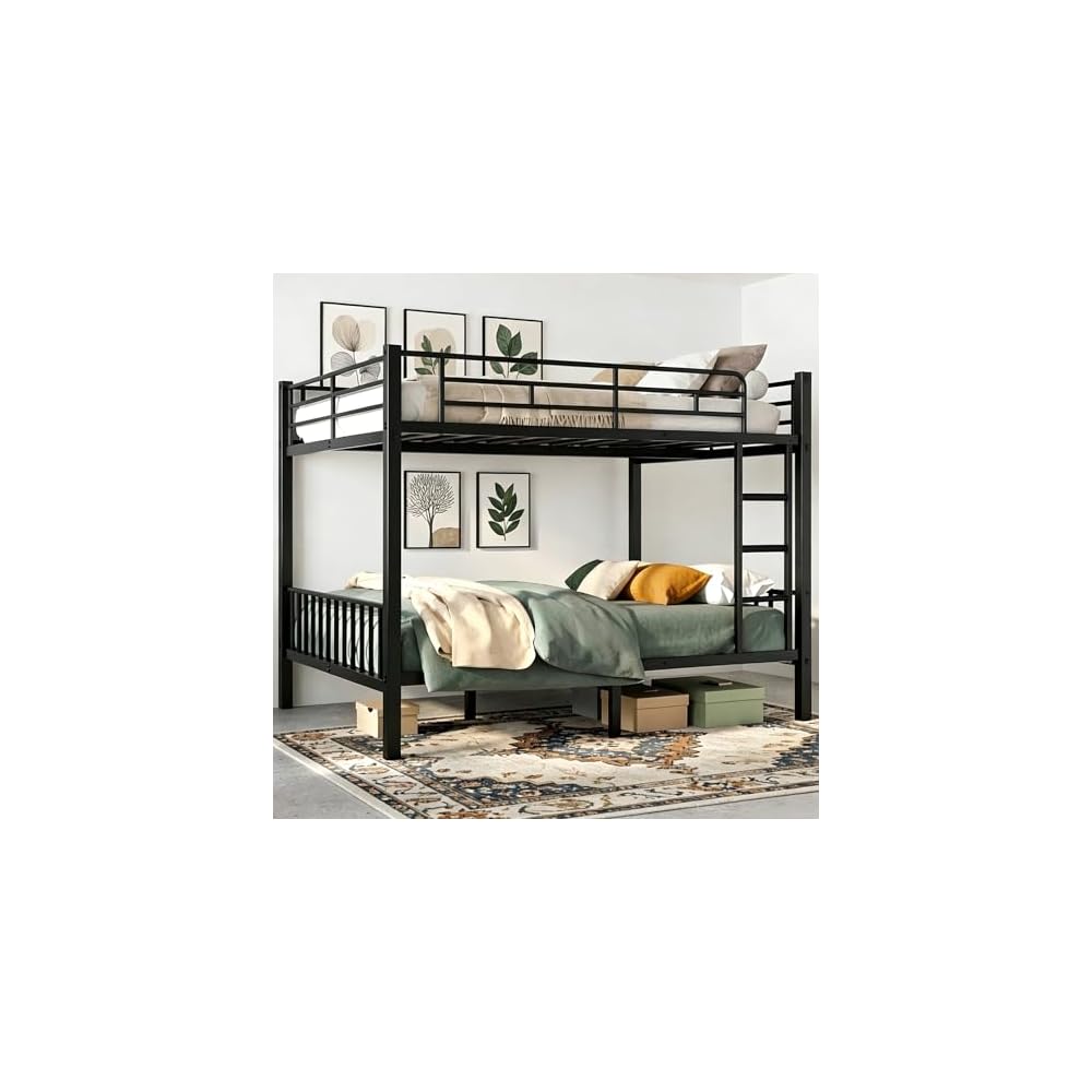 Queen over Queen Bunk Bed, Heavy Duty Bed frame with Ladder & Guardrails