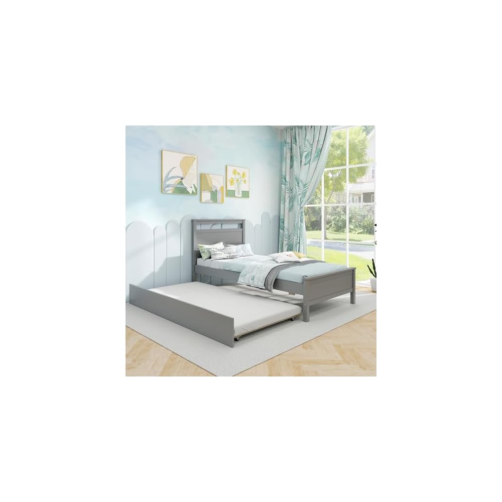 GIANTEX Trundle Bed Twin, Wood Day Bed Frame with Headboard & Footboard, Wooden Slats Support, Pull Out Bed, Twin Bed with Trundle for Kids Teens Adults, Grey