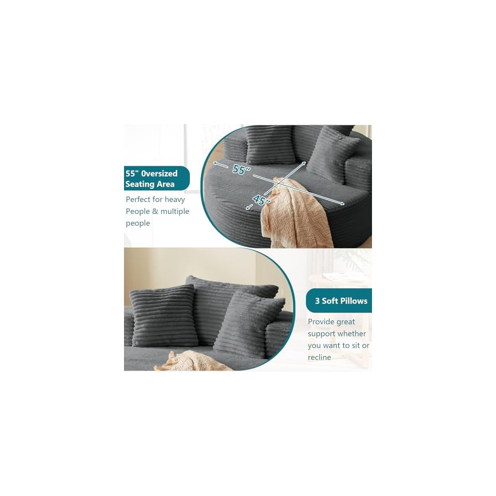 55'' Oversized Round Chaise Lounge Chair Indoor, Corduroy Sponge Deep Seat Single Sofa, Cloud Large Round Chairs, Modern Sleeper Chair for Living Room, Wide Armrest Chairs, No Assembly Required Gray