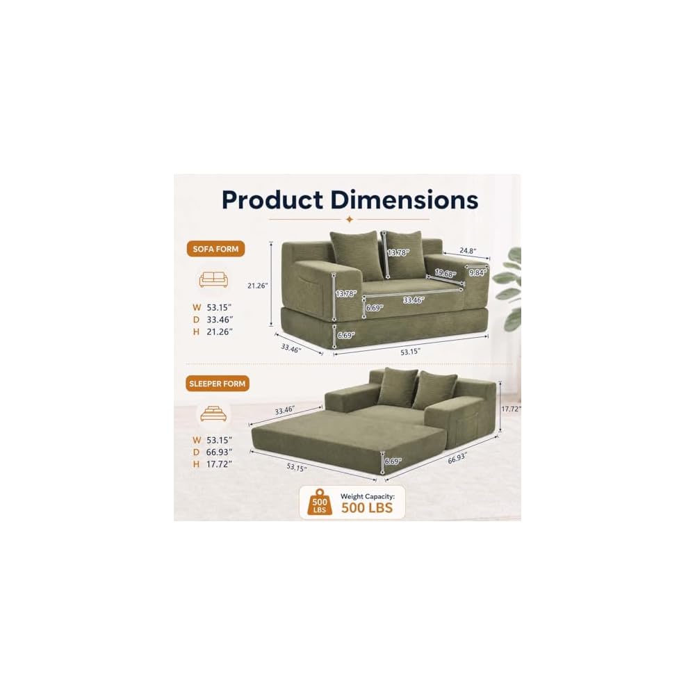【Upgraded】53'' Boneless Couch Bed for Small Spaces –Corduroy Cloud Pull Out Sofa Bed,3-in-1 Convertible Folding Futon Loveseat Sleeper w/ Pillows for Apartment Dorm RV Office,No Assembly Sofas (Green)