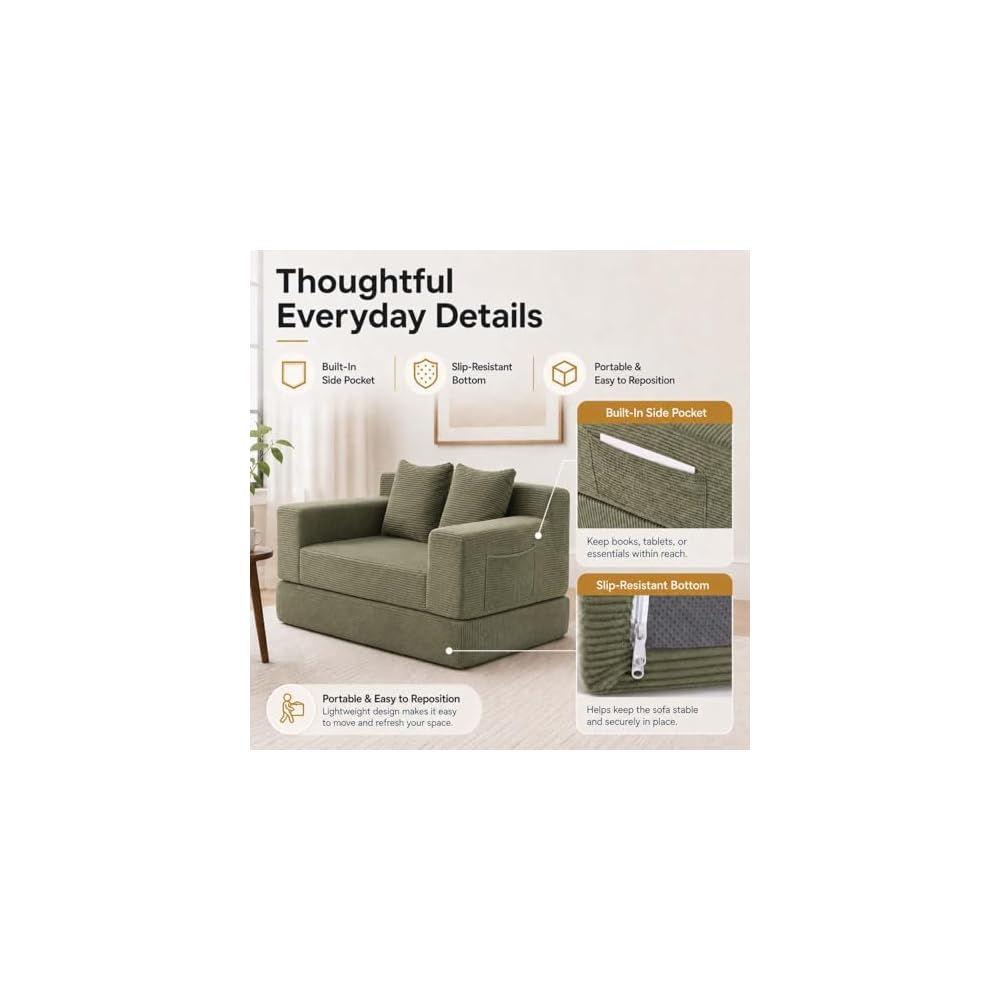 【Upgraded】53'' Boneless Couch Bed for Small Spaces –Corduroy Cloud Pull Out Sofa Bed,3-in-1 Convertible Folding Futon Loveseat Sleeper w/ Pillows for Apartment Dorm RV Office,No Assembly Sofas (Green)