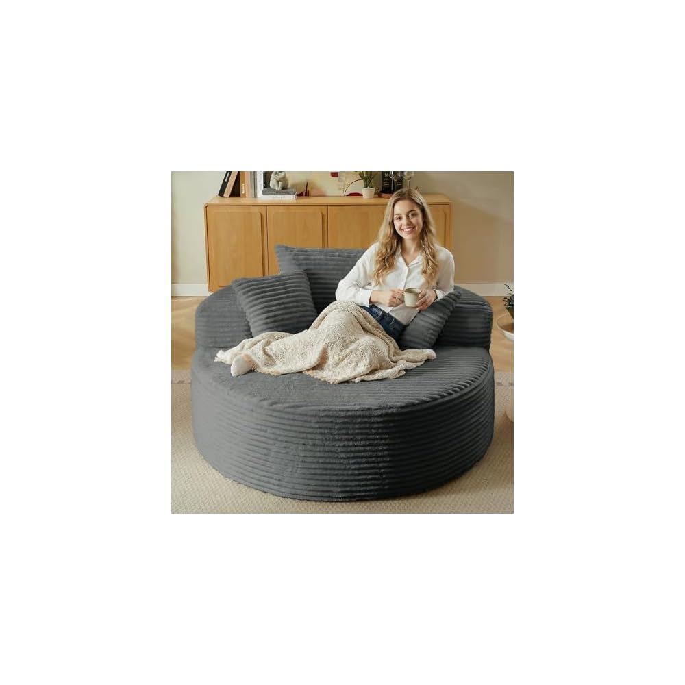 55'' Oversized Round Chaise Lounge Chair Indoor, Corduroy Sponge Deep Seat Single Sofa, Cloud Large Round Chairs, Modern Sleeper Chair for Living Room, Wide Armrest Chairs, No Assembly Required Gray