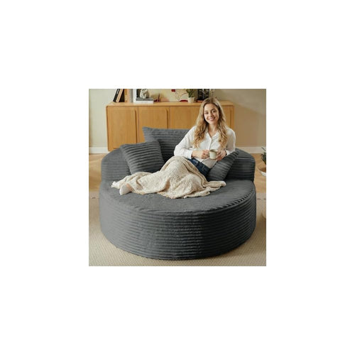 55'' Oversized Round Chaise Lounge Chair Indoor, Corduroy Sponge Deep Seat Single Sofa, Cloud Large Round Chairs, Modern Sleeper Chair for Living Room, Wide Armrest Chairs, No Assembly Required Gray