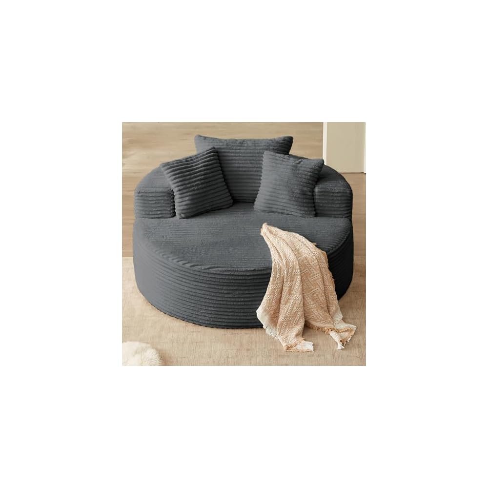 55'' Oversized Round Chaise Lounge Chair Indoor, Corduroy Sponge Deep Seat Single Sofa, Cloud Large Round Chairs, Modern Sleeper Chair for Living Room, Wide Armrest Chairs, No Assembly Required Gray