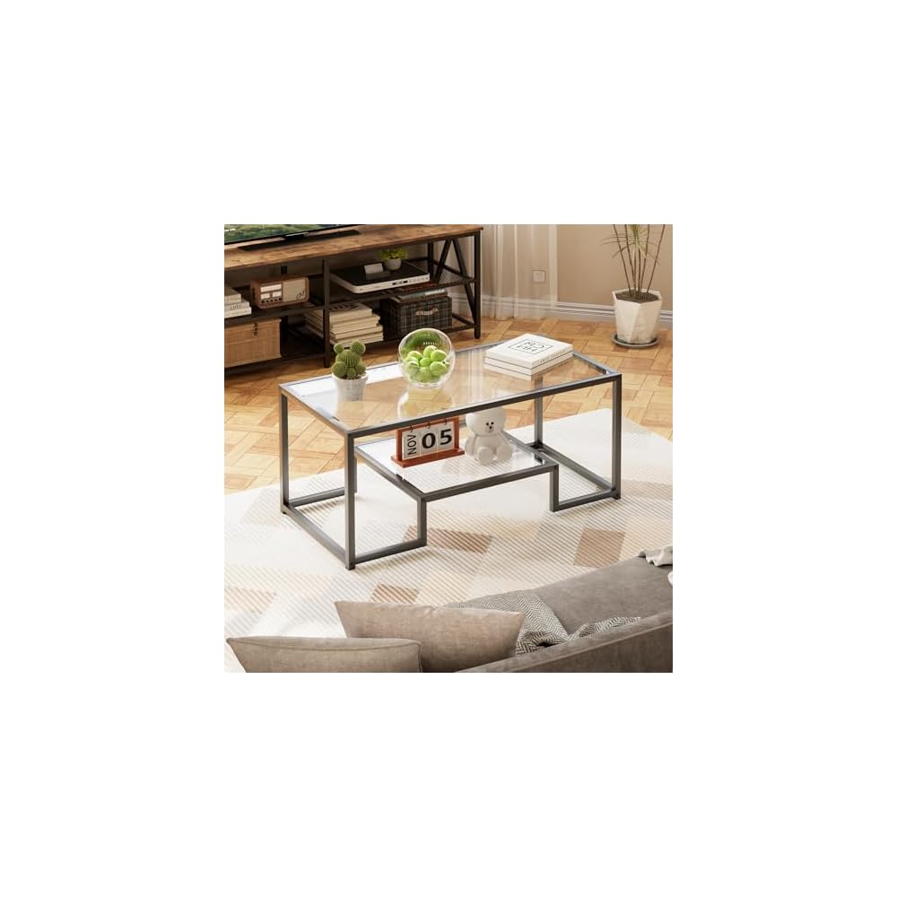 Wolawu Coffee Table Black Glass Coffee Table for Living Room,2 Tiers Rectangle Center Table with Sturdy Metal Frame,Modern Tempered Glass Accent Table for Bedroom Home Office