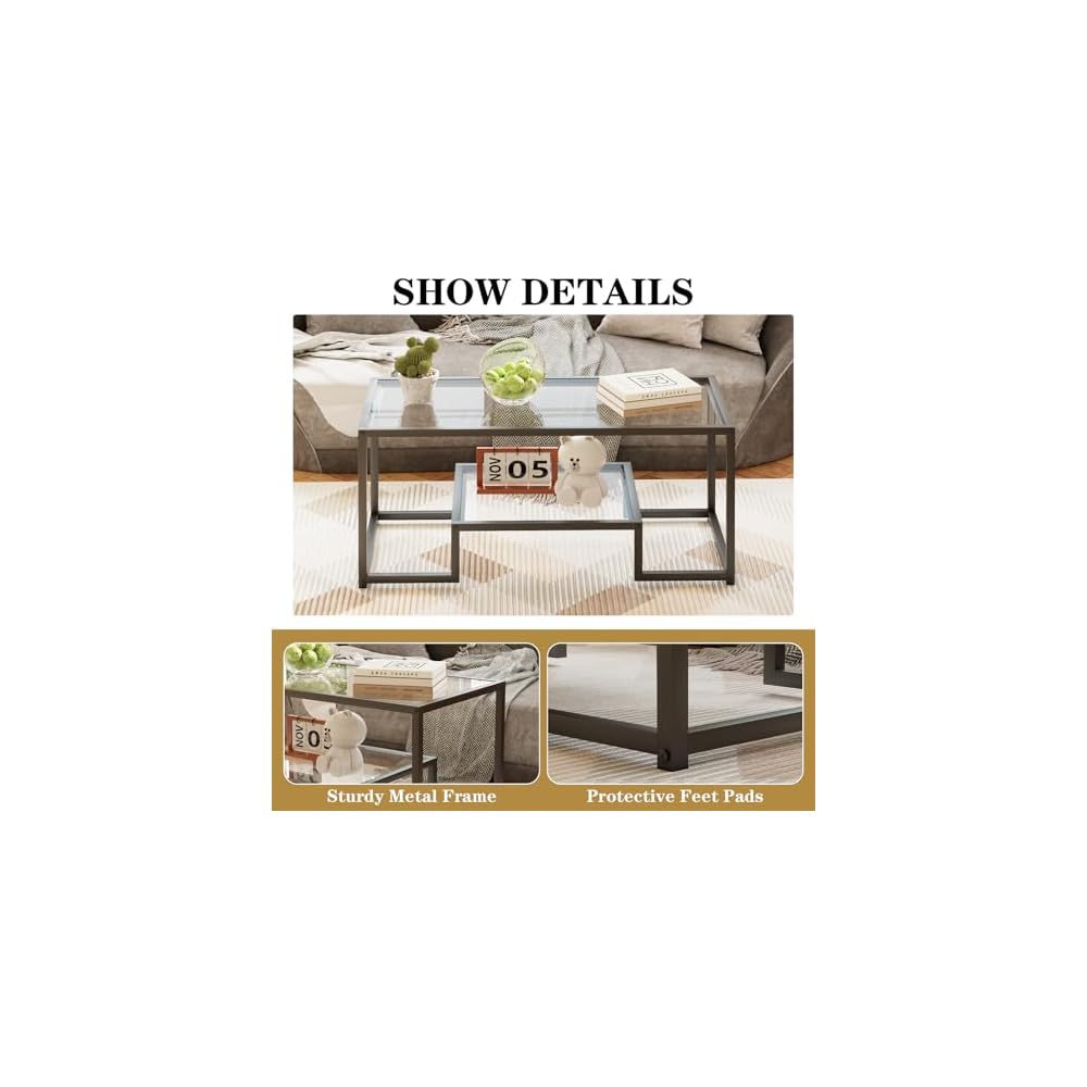 Wolawu Coffee Table Black Glass Coffee Table for Living Room,2 Tiers Rectangle Center Table with Sturdy Metal Frame,Modern Tempered Glass Accent Table for Bedroom Home Office