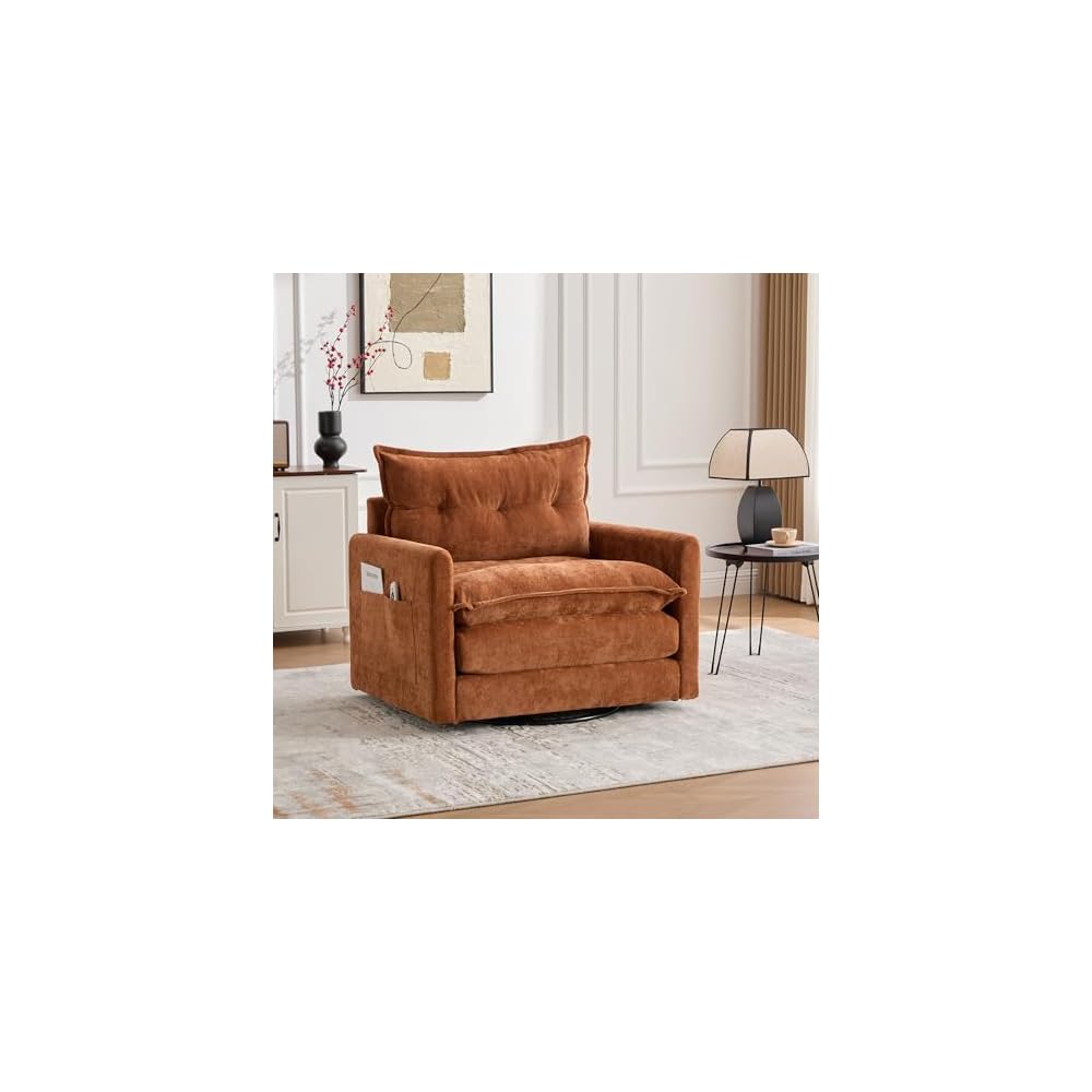 360°Swivel Accent Barrel Chair, Oversized Seat Chenille Upholstered Armchair with Thick Padded and Metal Base,Comfortable Single Sofa Chairs for Living Room Bedroom Office (Brown)