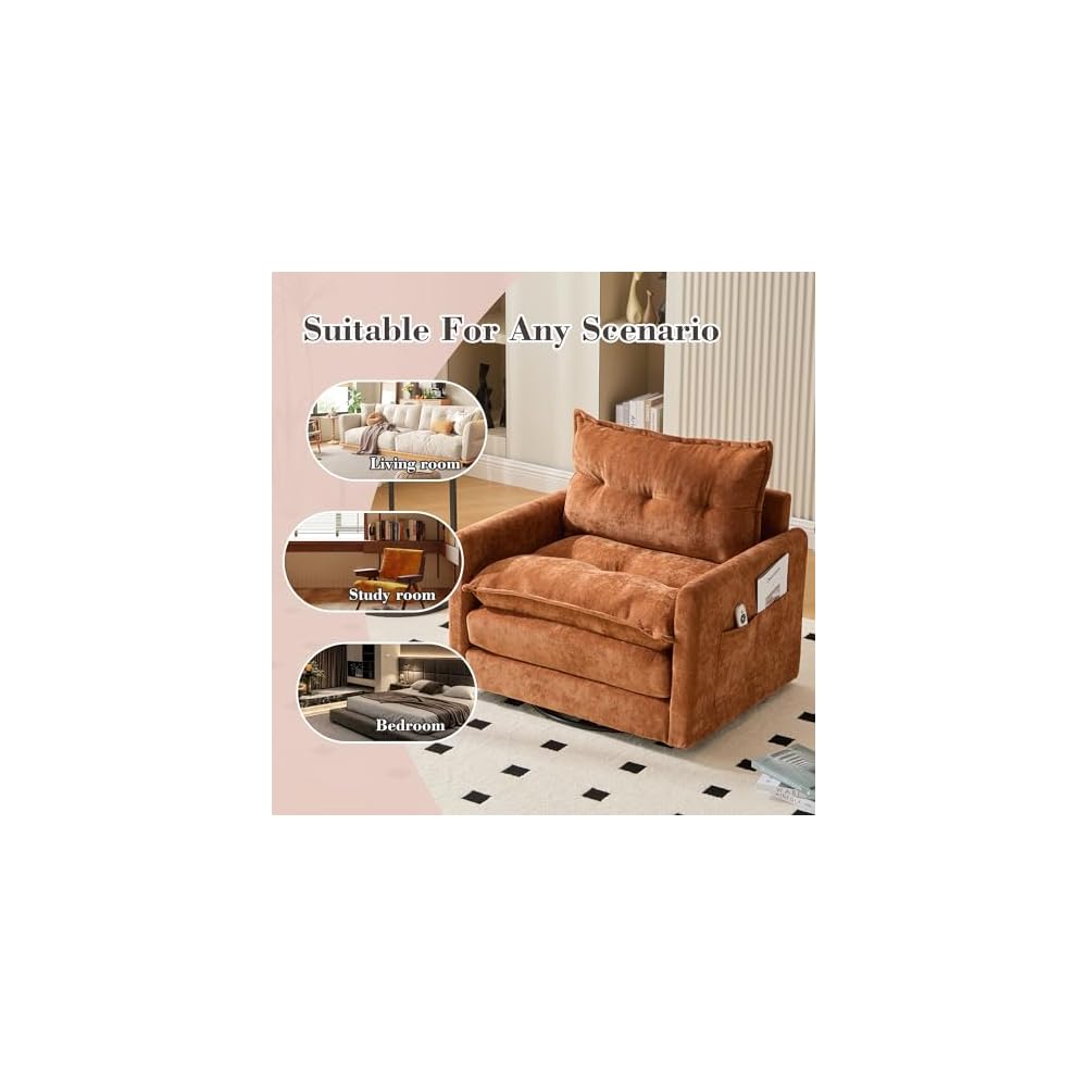360°Swivel Accent Barrel Chair, Oversized Seat Chenille Upholstered Armchair with Thick Padded and Metal Base,Comfortable Single Sofa Chairs for Living Room Bedroom Office (Brown)