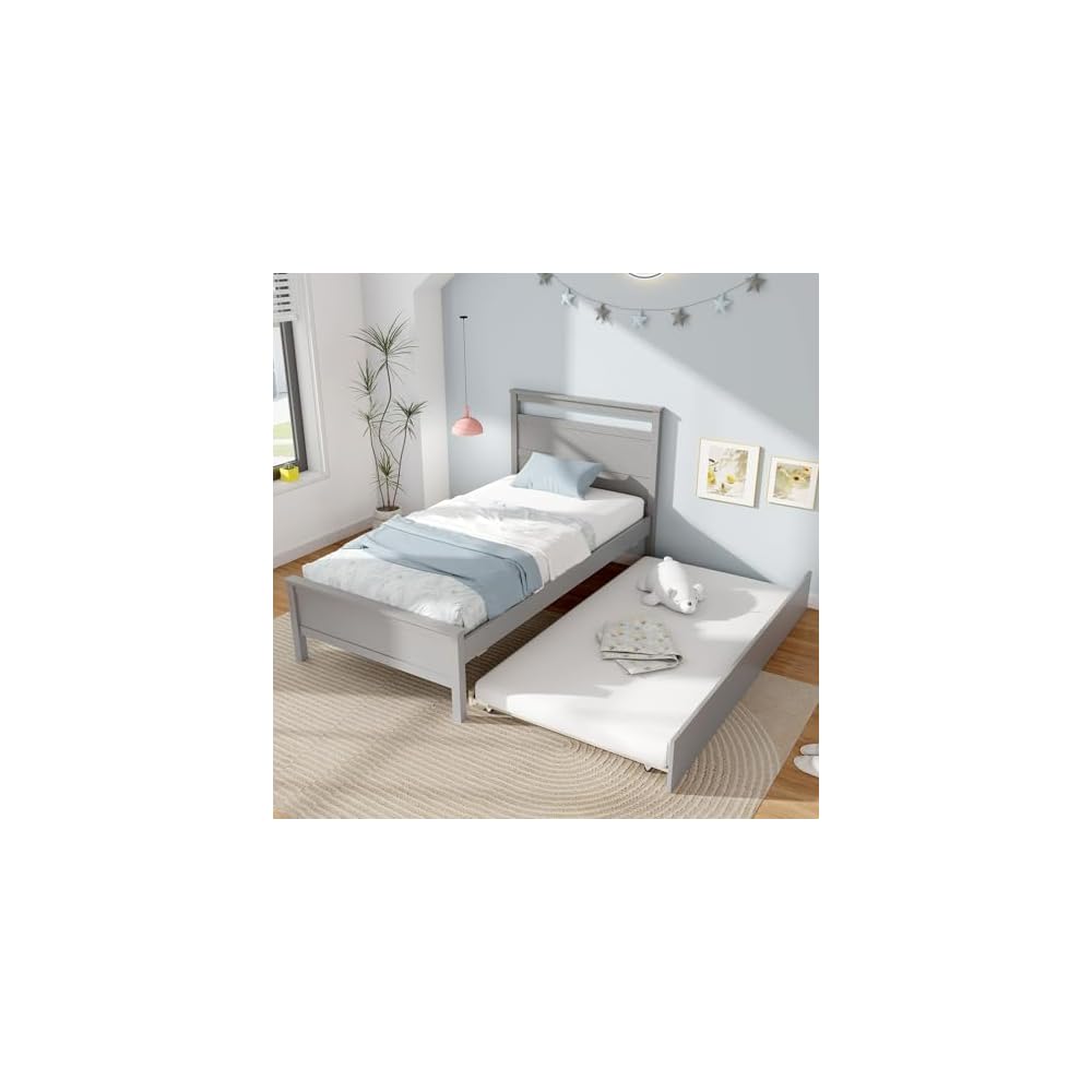GIANTEX Trundle Bed Twin, Wood Day Bed Frame with Headboard & Footboard, Wooden Slats Support, Pull Out Bed, Twin Bed with Trundle for Kids Teens Adults, Grey