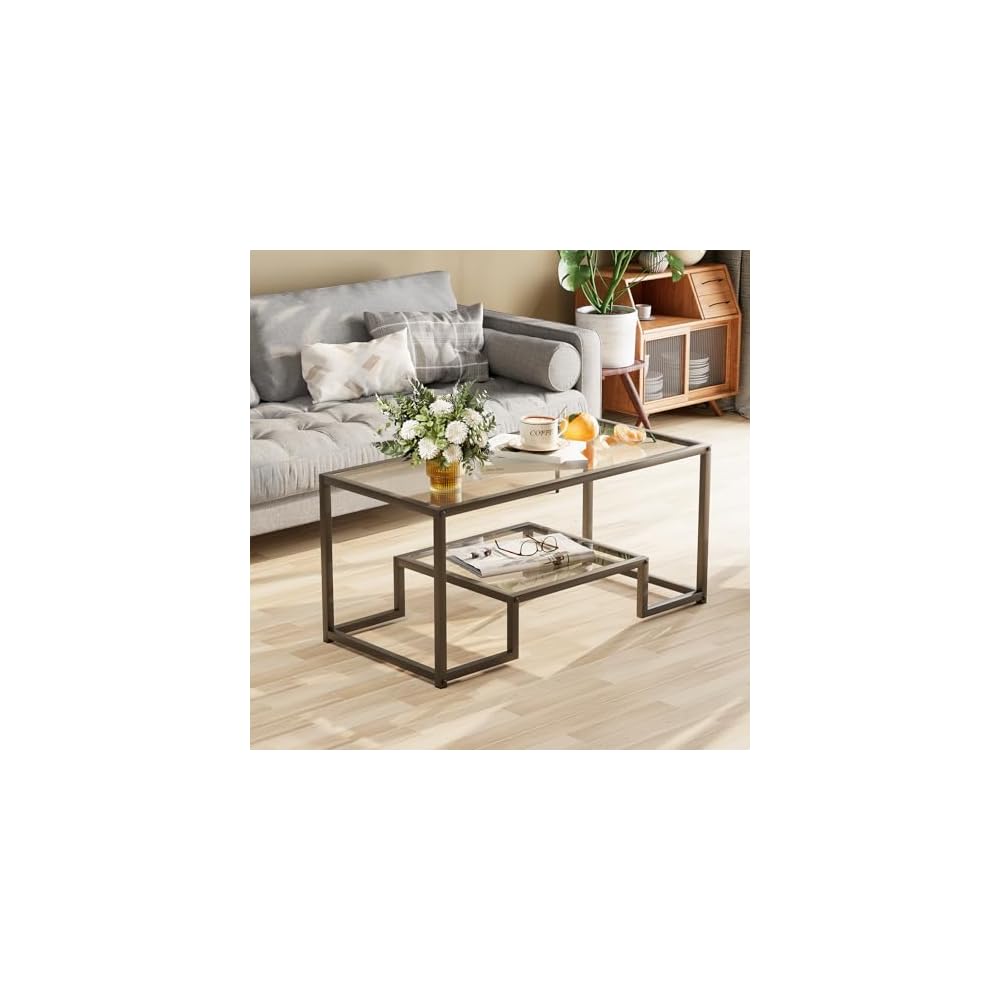 Wolawu Coffee Table Black Glass Coffee Table for Living Room,2 Tiers Rectangle Center Table with Sturdy Metal Frame,Modern Tempered Glass Accent Table for Bedroom Home Office