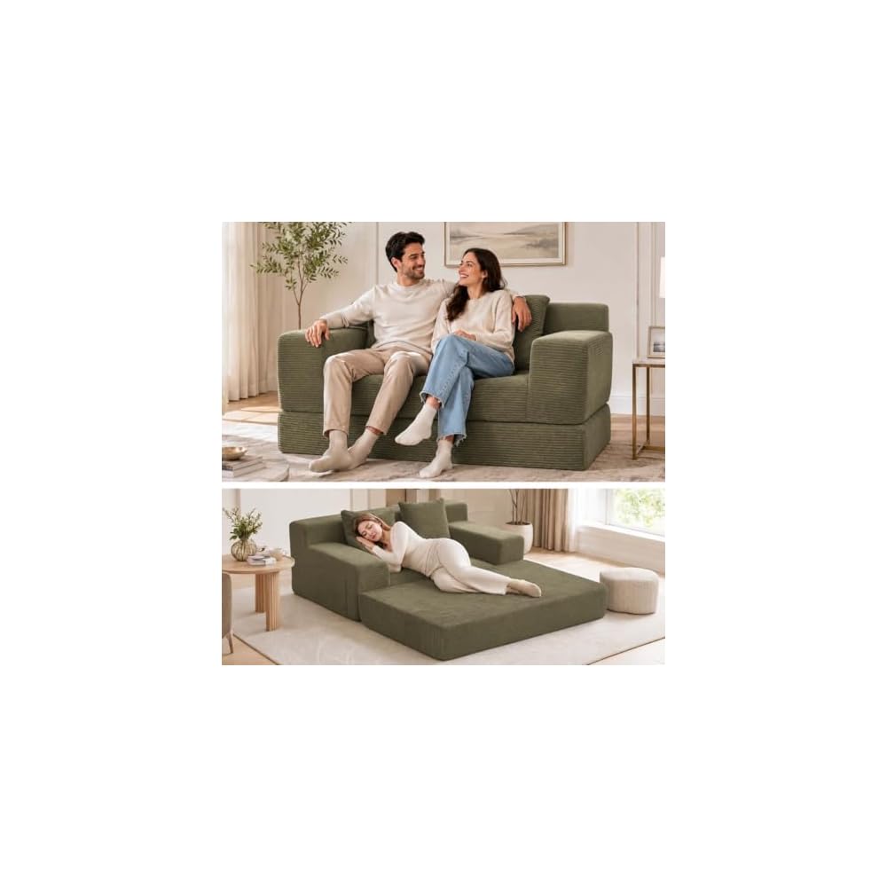 【Upgraded】53'' Boneless Couch Bed for Small Spaces –Corduroy Cloud Pull Out Sofa Bed,3-in-1 Convertible Folding Futon Loveseat Sleeper w/ Pillows for Apartment Dorm RV Office,No Assembly Sofas (Green)