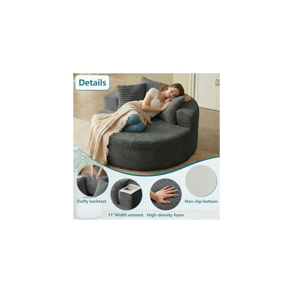 55'' Oversized Round Chaise Lounge Chair Indoor, Corduroy Sponge Deep Seat Single Sofa, Cloud Large Round Chairs, Modern Sleeper Chair for Living Room, Wide Armrest Chairs, No Assembly Required Gray