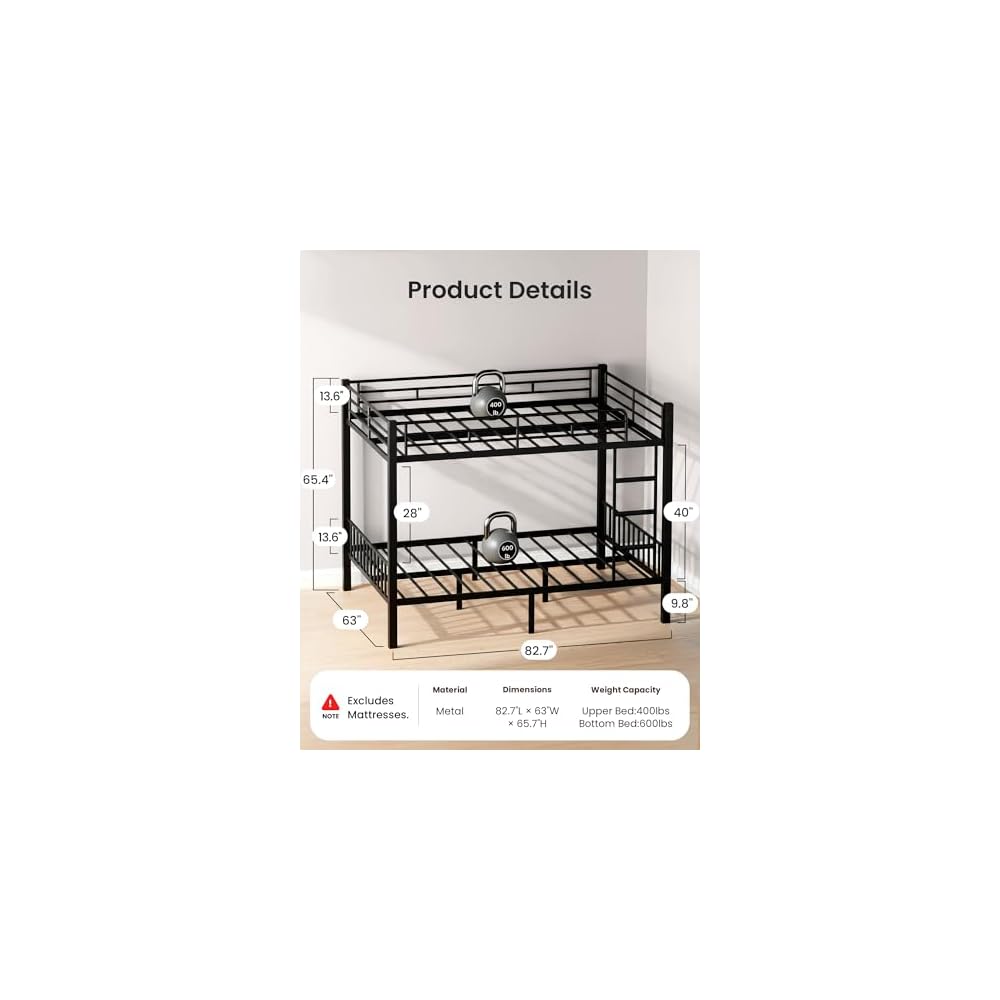 Queen over Queen Bunk Bed, Heavy Duty Bed frame with Ladder & Guardrails