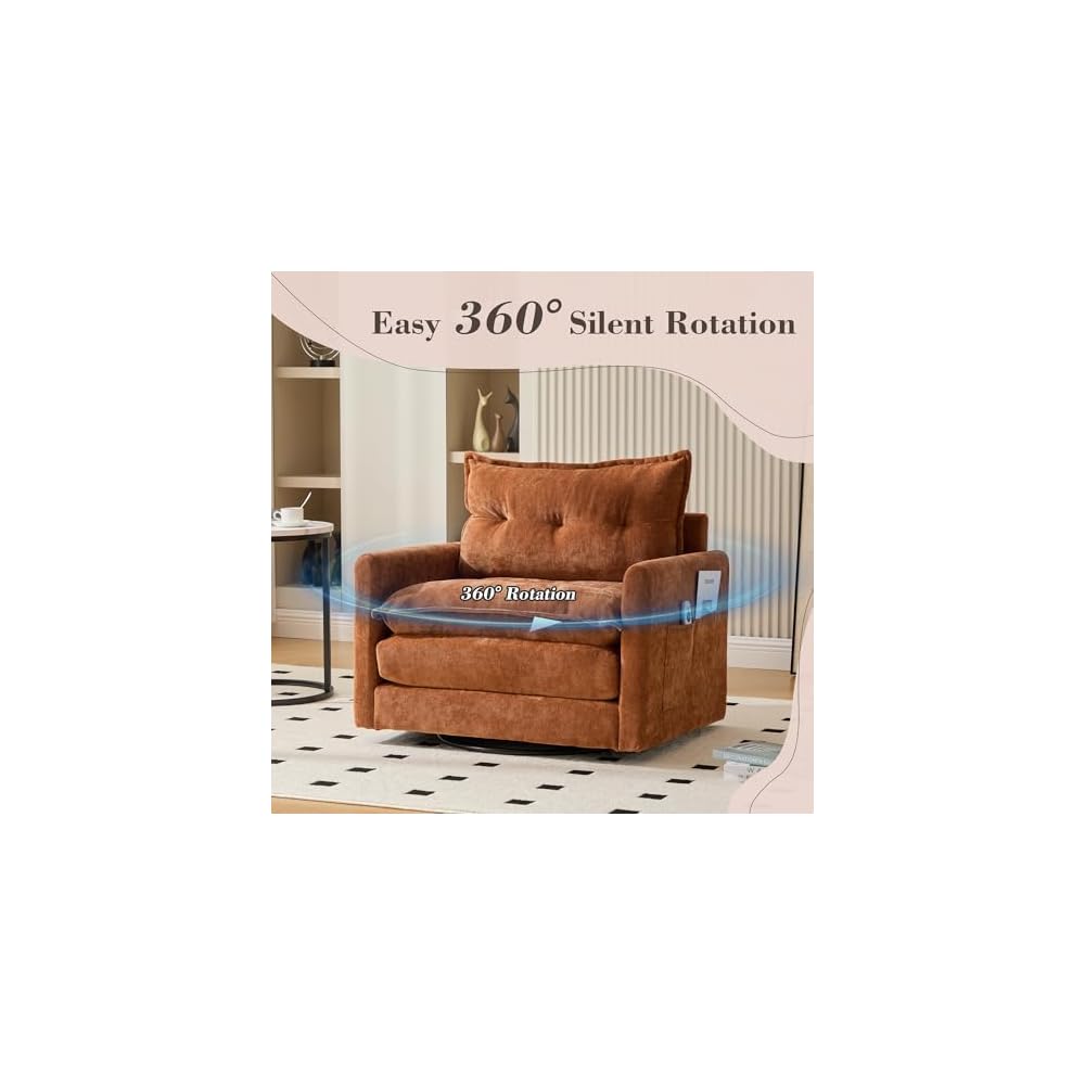 360°Swivel Accent Barrel Chair, Oversized Seat Chenille Upholstered Armchair with Thick Padded and Metal Base,Comfortable Single Sofa Chairs for Living Room Bedroom Office (Brown)