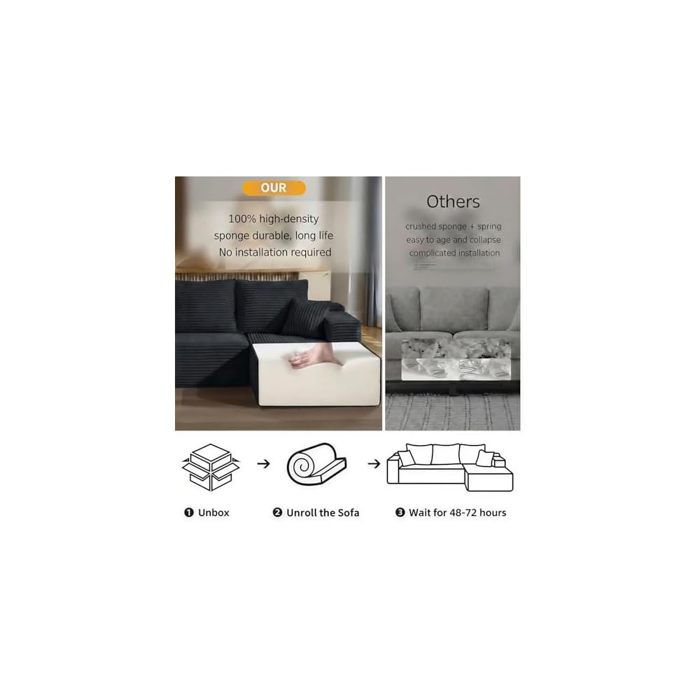 104" Cloud Couch Modular Sectional Sofa for Living Room,L Shaped Boneless Couch with Deep Seat Chaise,No Assembly Required Foam Sleeper Sofa for Apartments,Plush Corduroy Fabric((Black-Right Chaise)