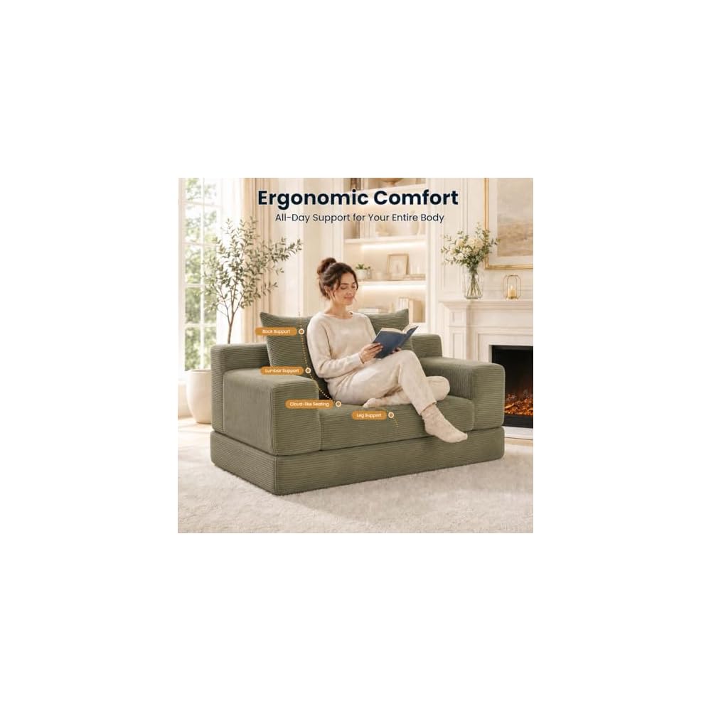 【Upgraded】53'' Boneless Couch Bed for Small Spaces –Corduroy Cloud Pull Out Sofa Bed,3-in-1 Convertible Folding Futon Loveseat Sleeper w/ Pillows for Apartment Dorm RV Office,No Assembly Sofas (Green)