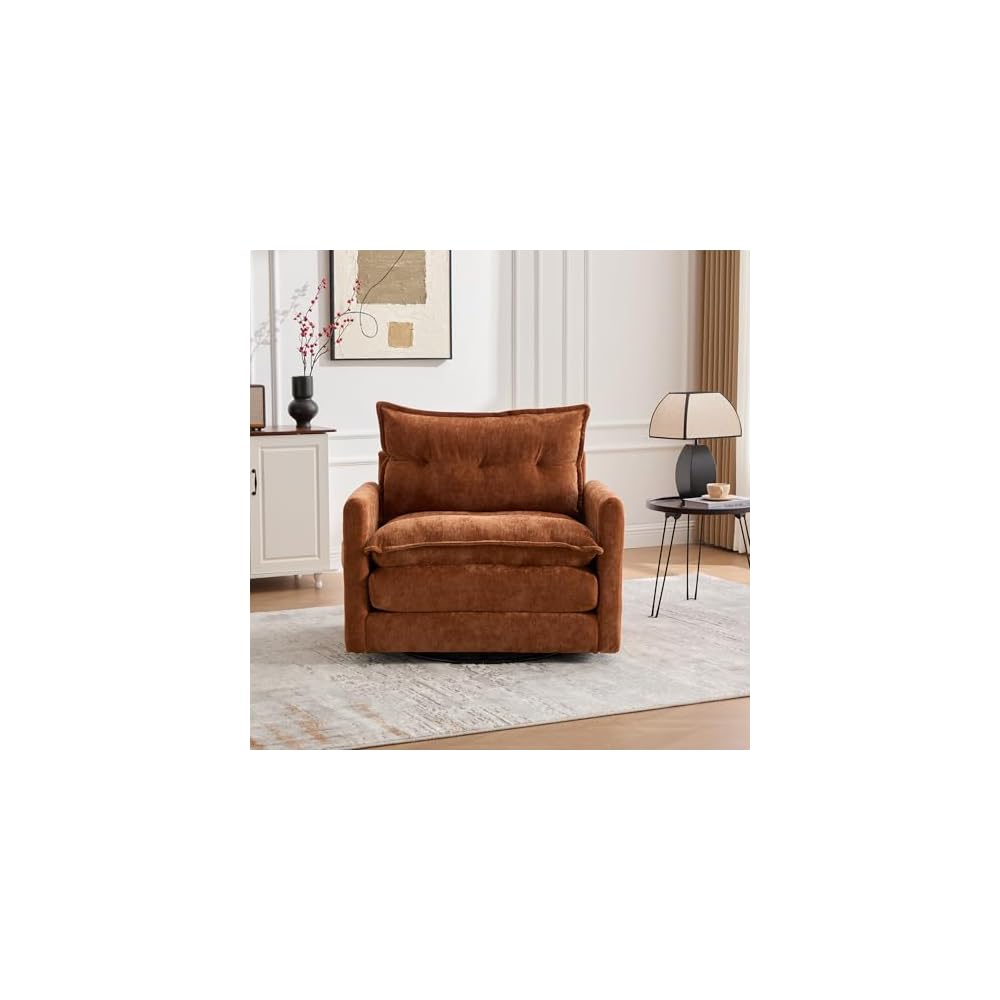 360°Swivel Accent Barrel Chair, Oversized Seat Chenille Upholstered Armchair with Thick Padded and Metal Base,Comfortable Single Sofa Chairs for Living Room Bedroom Office (Brown)