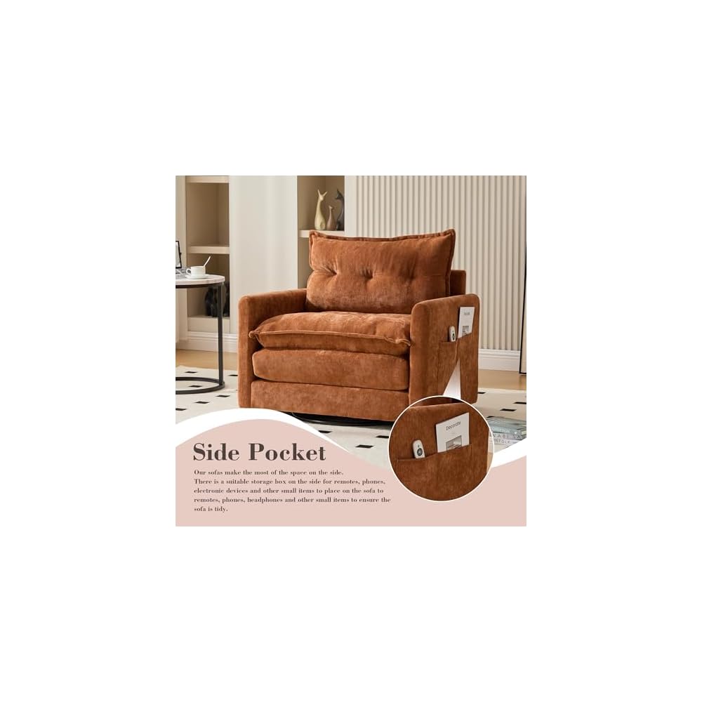 360°Swivel Accent Barrel Chair, Oversized Seat Chenille Upholstered Armchair with Thick Padded and Metal Base,Comfortable Single Sofa Chairs for Living Room Bedroom Office (Brown)