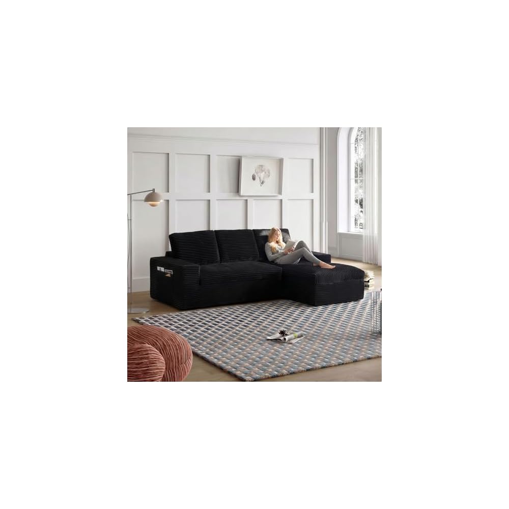 104" Cloud Couch Modular Sectional Sofa for Living Room,L Shaped Boneless Couch with Deep Seat Chaise,No Assembly Required Foam Sleeper Sofa for Apartments,Plush Corduroy Fabric((Black-Right Chaise)