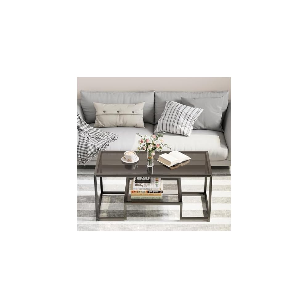 Wolawu Coffee Table Black Glass Coffee Table for Living Room,2 Tiers Rectangle Center Table with Sturdy Metal Frame,Modern Tempered Glass Accent Table for Bedroom Home Office
