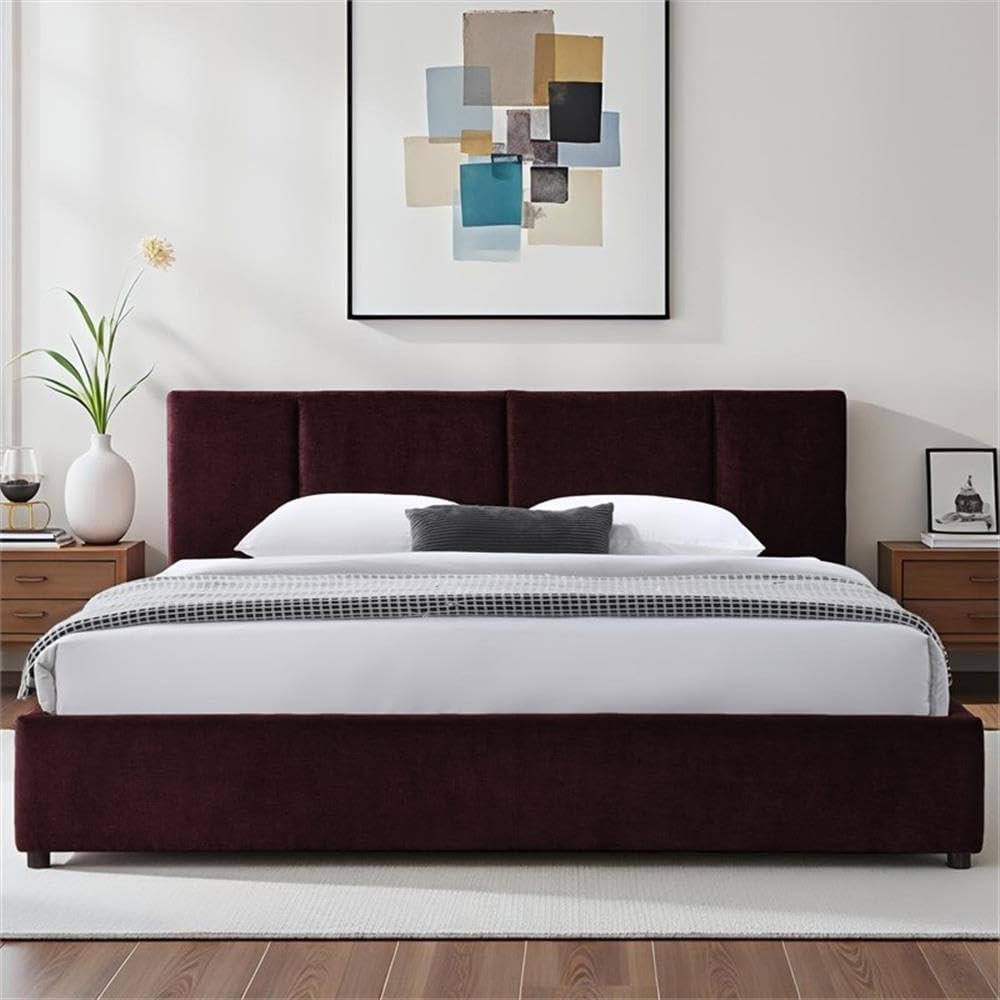 Pemberly Row Channel Tufted Upholstered Platform King Bed, Burgundy Fabric, Vertical Tufted Headboard, Solid Wood Frame, Low-Profile Design, Modern Bedroom Furniture, 39.4" H x 81.9" W x 86.2" D