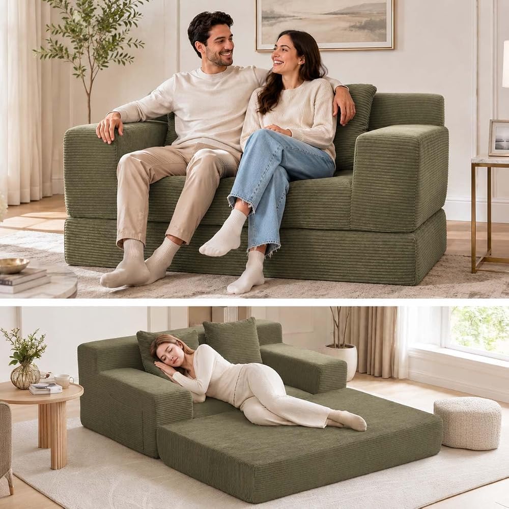 【Upgraded】53'' Boneless Couch Bed for Small Spaces –Corduroy Cloud Pull Out Sofa Bed,3-in-1 Convertible Folding Futon Loveseat Sleeper w/ Pillows for Apartment Dorm RV Office,No Assembly Sofas (Green)
