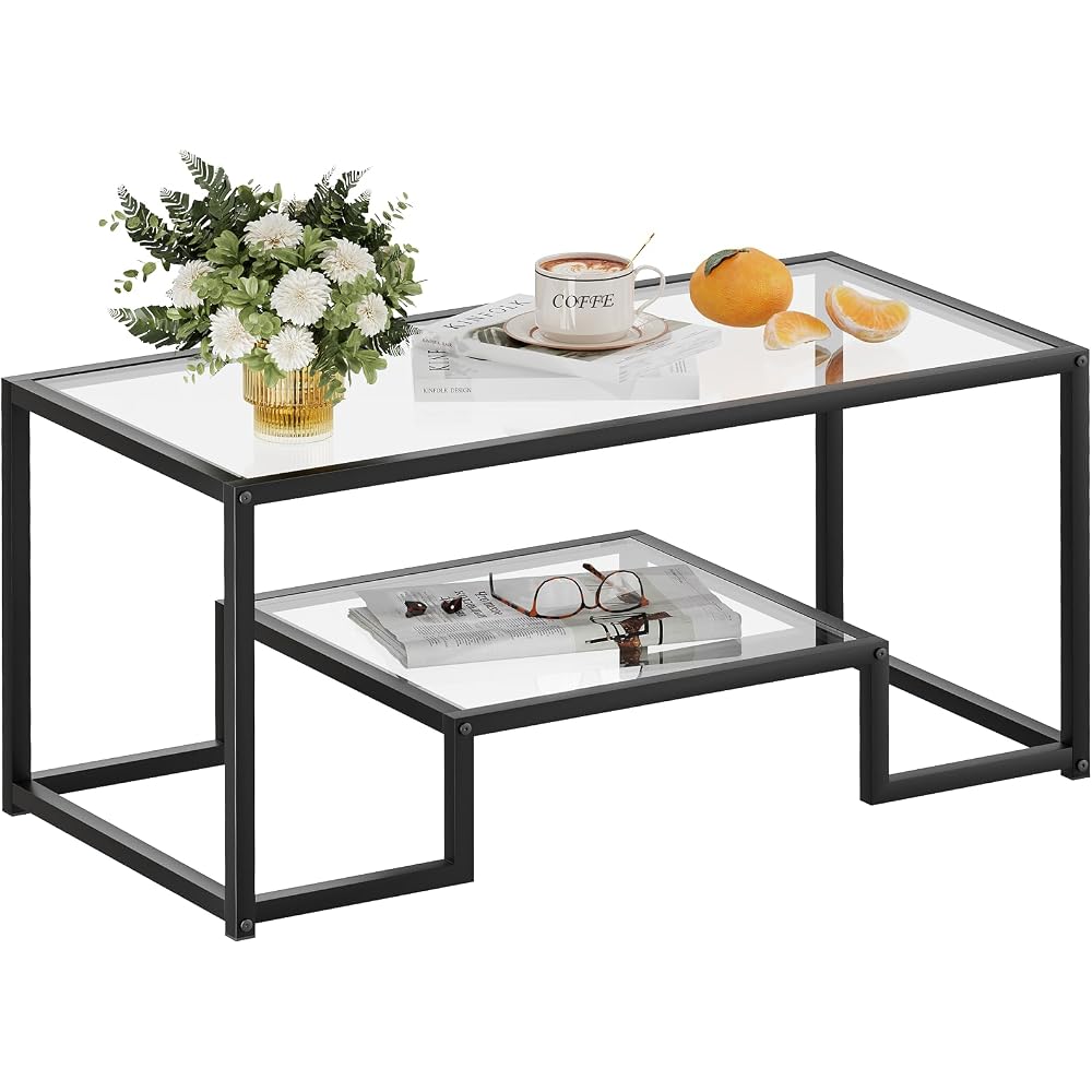Wolawu Coffee Table Black Glass Coffee Table for Living Room,2 Tiers Rectangle Center Table with Sturdy Metal Frame,Modern Tempered Glass Accent Table for Bedroom Home Office