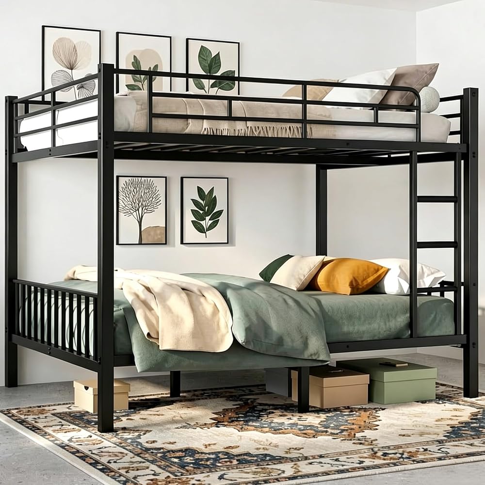 Queen over Queen Bunk Bed, Heavy Duty Bed frame with Ladder & Guardrails